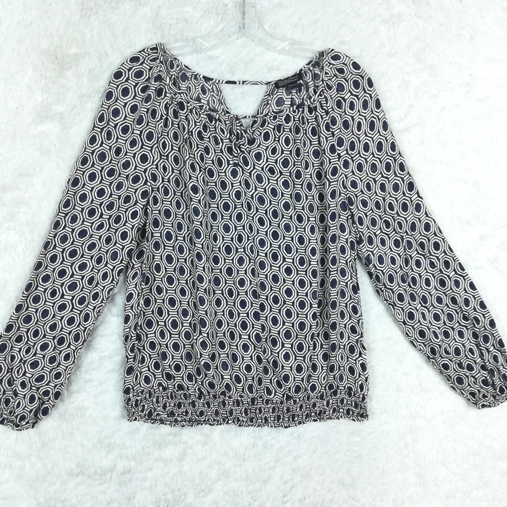 Lucky Brand Womens Blouse Top Peasant Boho Keyhole Navy White Geometric Print M